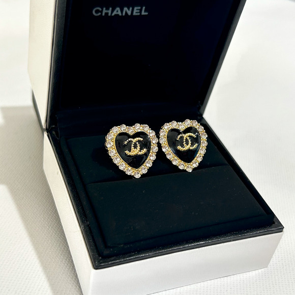 18K Gold Plated Luxury Crystal Trim Heart .925 Designer CC Logo Black Crystals - Picture 5 of 5